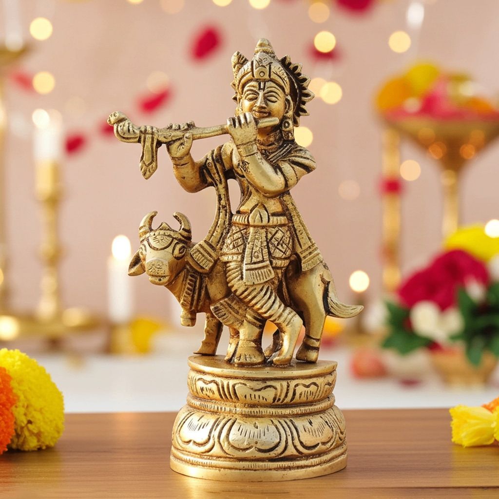 Brass Showpiece Cow Krishna Small God Idol Statue (BSMAS802 C)