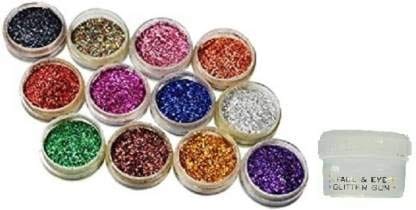 Elecsera Bright Multi Colors Eye Dry Thick Shimmer Glitters - Pack of 12 Pcs with Eye Glue/Gum (Multicolored)
