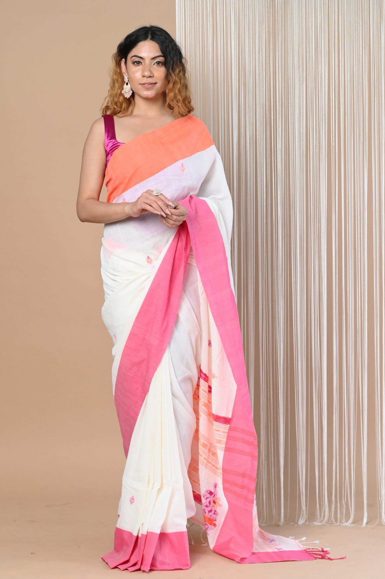Premium Cotton - Handloom Pure Cotton Saree ~ Orange