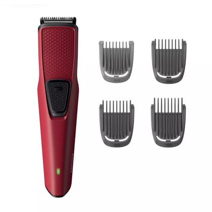 Philips Battery Powered BT1235/15 Skin-friendly Beard trimmer for Men Dura Power Technology, Cordless Rechargeable with USB Charging, Charging indicator, Travel lock Red / 1 Count (Pack of 1)