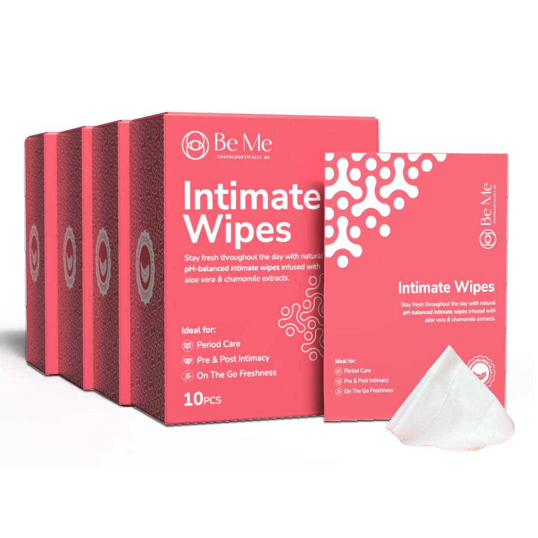 Be Me Intimate Wipes | pH Balanced | Period Care| Aloe Vera & Chamomile Extracts | Alcohol-Free Travel Friendly Feminine Wrapped Wipes
