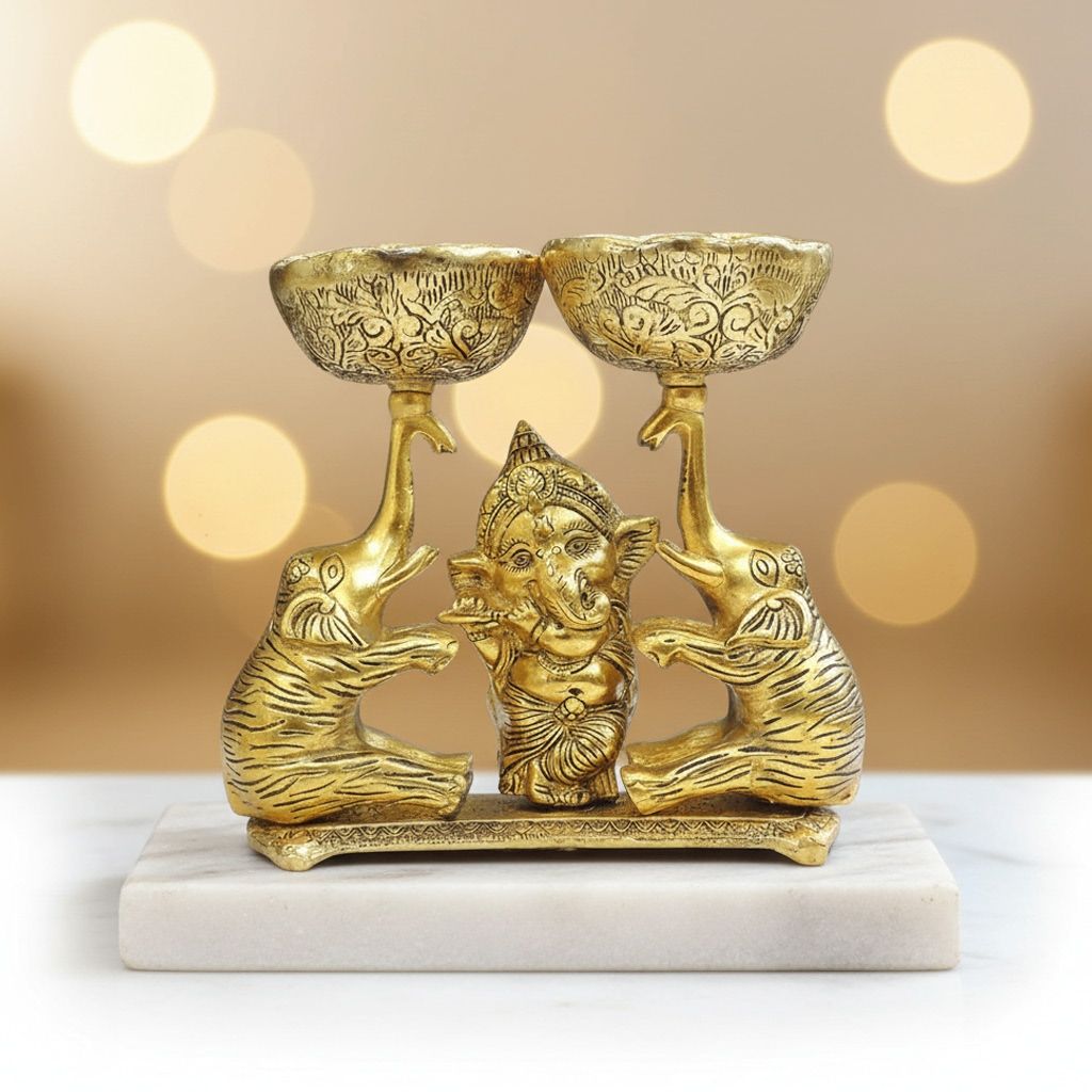 Aluminium Showpiece Double Bowl With Ganesh & Elephant, Height : 8.5 Inch (ASMAS509 G)