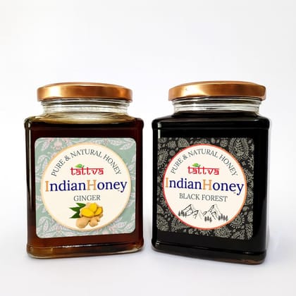 IndianHoney Black Forest with GingerHoney Combo (Pack of 2) | Pure & Natural | 1kg (500g Each) | Unprocessed & Unfiltered Natural Sweetener