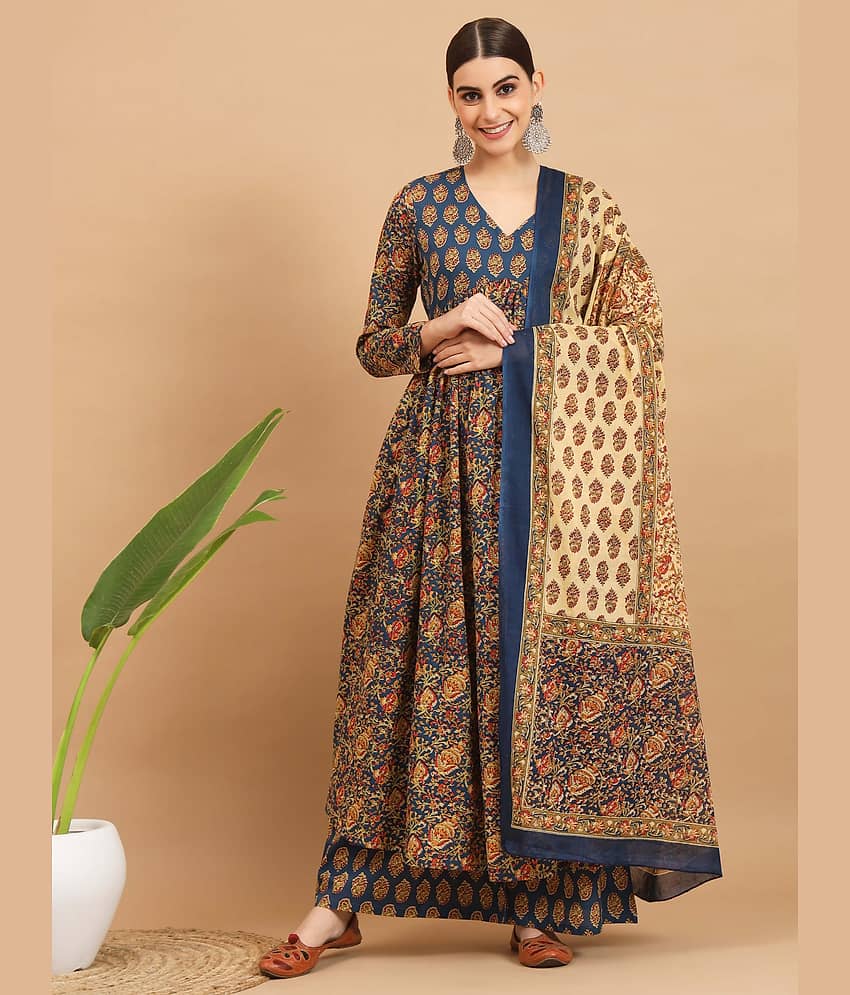 Vbuyz Cotton Printed Kurti With Pants Women's Stitched Salwar Suit - Turquoise ( Pack of 1 )