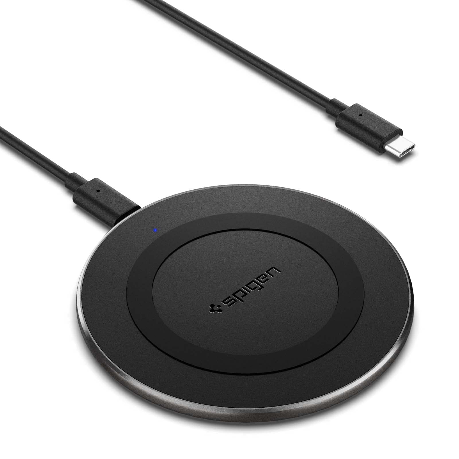 Spigen Wireless Charger for iPhone 17/16/15/13/12/11 Series, Samsung Galaxy S25/S24/S23/S22/S21/S20, OnePlus with USB-C to C Cable [Fast Charging] [Non-MagSafe] - Black