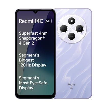 Redmi 14C 5G (Stardust Purple, 6GB RAM, 128GB Storage) | Superfast 4nm Snapdragon 4 Gen 2 | 120Hz 17.47cm (6.88) Display | 5160mAh Battery | 50MP Dual Camera | Premium Starlight Design Redmi 14C 5G (Stardust Purple, 6GB RAM, 128GB Storage) | Superfast 4nm Snapdragon 4 Gen 2 | 120Hz 17.47cm (6.88) Display | 5160mAh Battery | 50MP Dual Camera | Premium Starlight Design