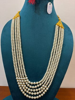 five layer white pearl mala with gold top design for groom and party wear