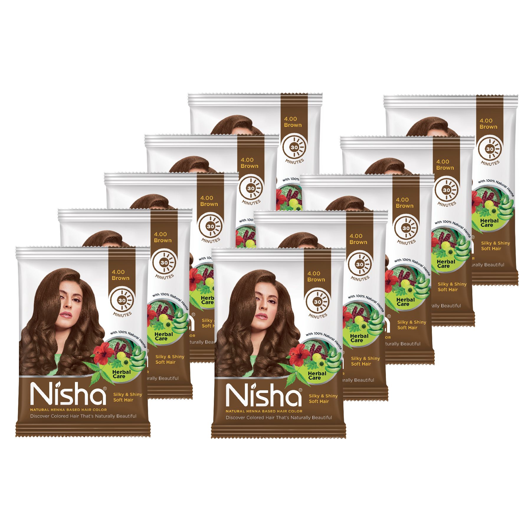 Nisha Henna Based Hair Color Brown 10g Pack of 10, Ammonia Free Henna Powder Hair Colour