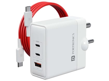 Portronics Adapto 100 Adapter, Charger, 2 Type C Port, 1 USB Port, Type C to Type C 100W Cable, GaN Technology, Best For Laptop, Smartphone Etc