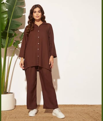 Canblar Women Solid Shirt With Palazzos Co-Ord Set ( Coffee )