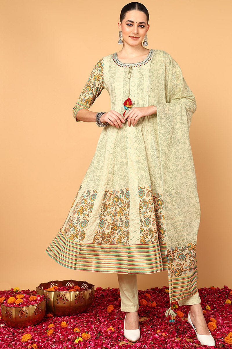 Green Pure Cotton Ethnic Motifs Printed Flared Kurta Trouser With Dupatta VKSKD2089