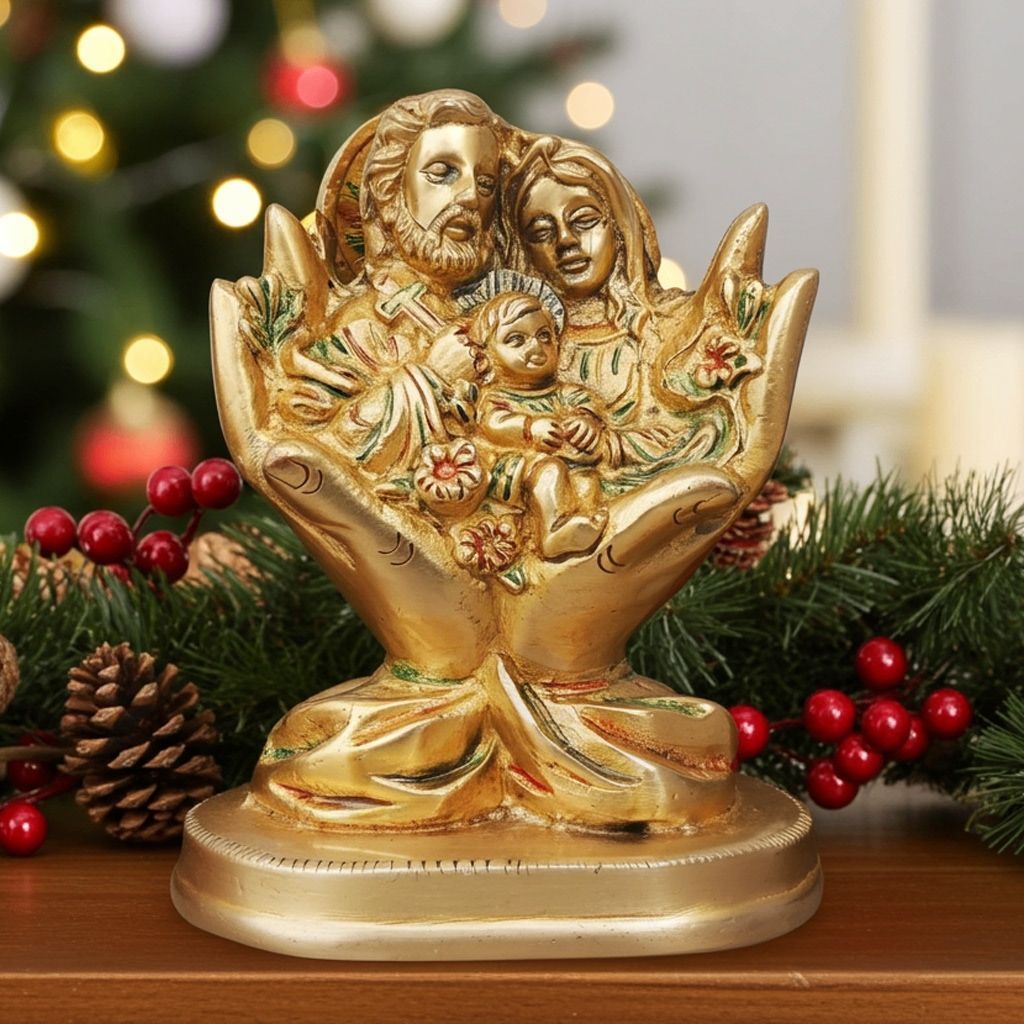 Brass Showpiece Jesus Family with Hand Statue - Blessed Christian Home Decor Idol, Height : 5.7 Inch (BSMAS973 B)