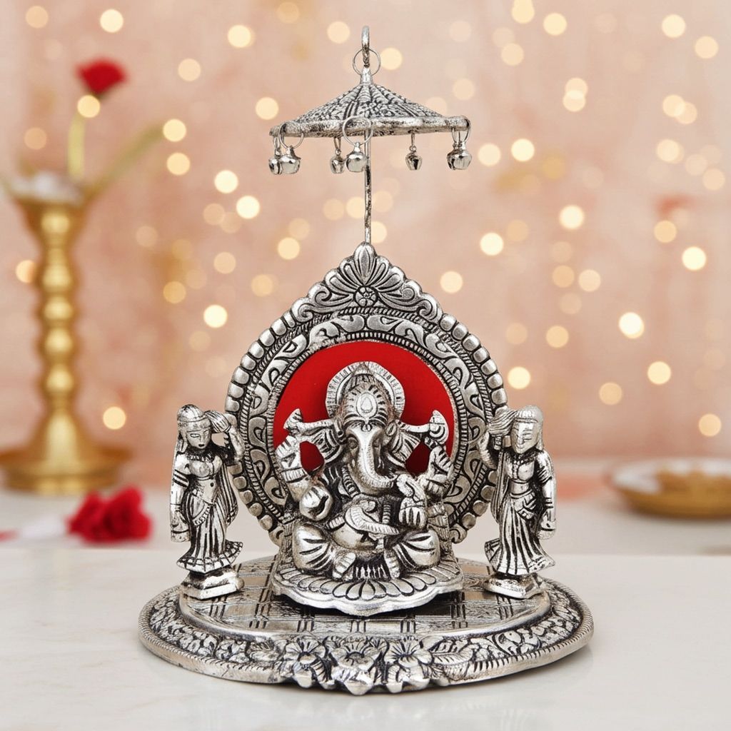 Aluminium Ganesh Ji Idol With Riddhi Siddhi � Silver Finish Showpiece, Height : 8.5 Inch (ASMAS133 S)