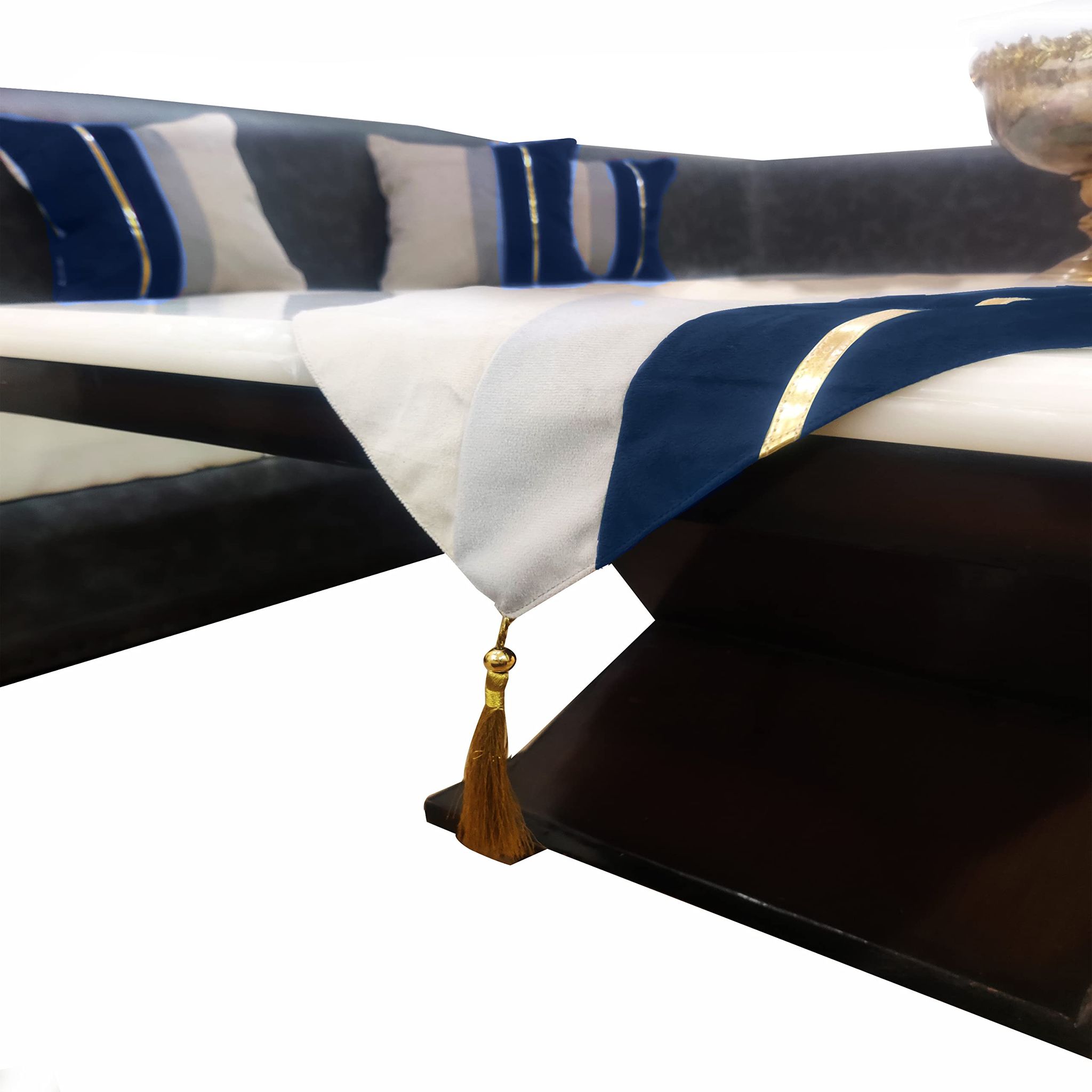 12 x 59 Inch Decorative Luxury Blue Beige White Gold Leather Striped Patchwork Velvet Table Runners with Tassels for Home Living Room Bedroom Art Decor Wedding