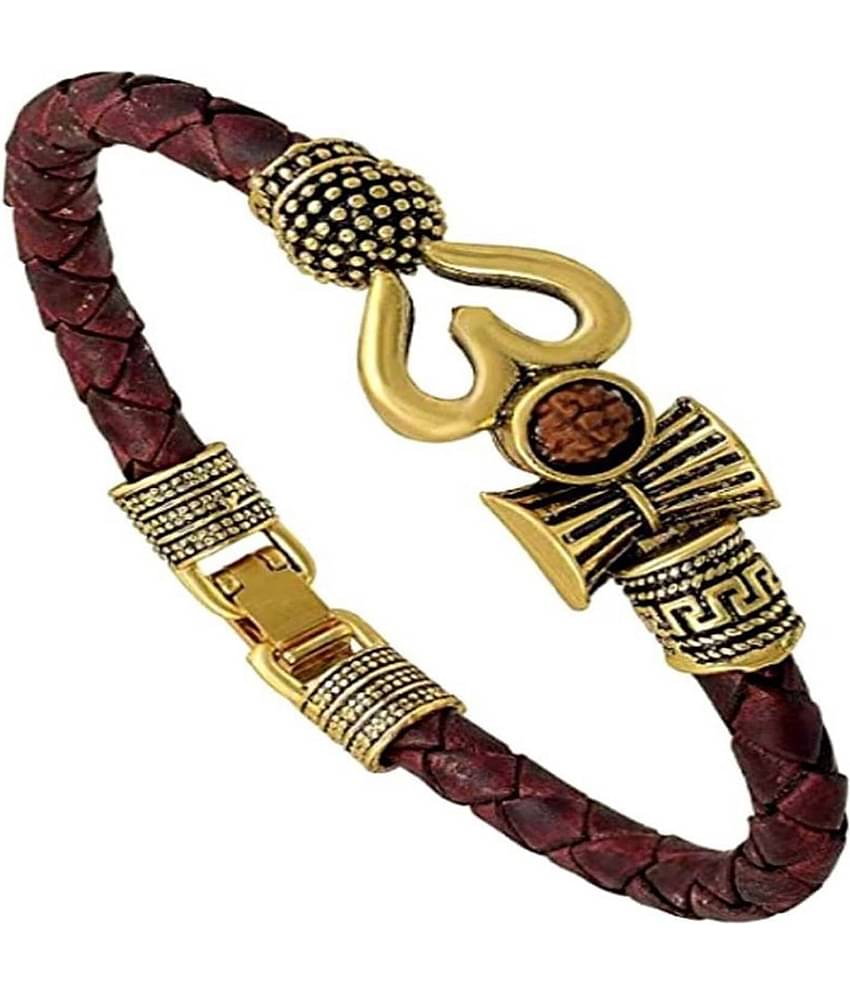 Rudraksha OM Trishul Damroo Designer Oxidized Gold Bahubali Leather Kada Bracelet for Men