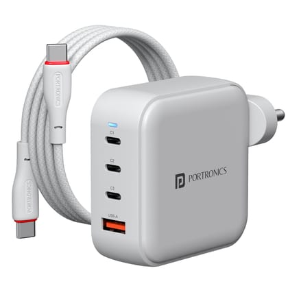 Portronics Adapto 100 Pro, 3 x Type C PD Port, 1 X USB-A Port, GaN & PPS Technology, 100W Max Output - White