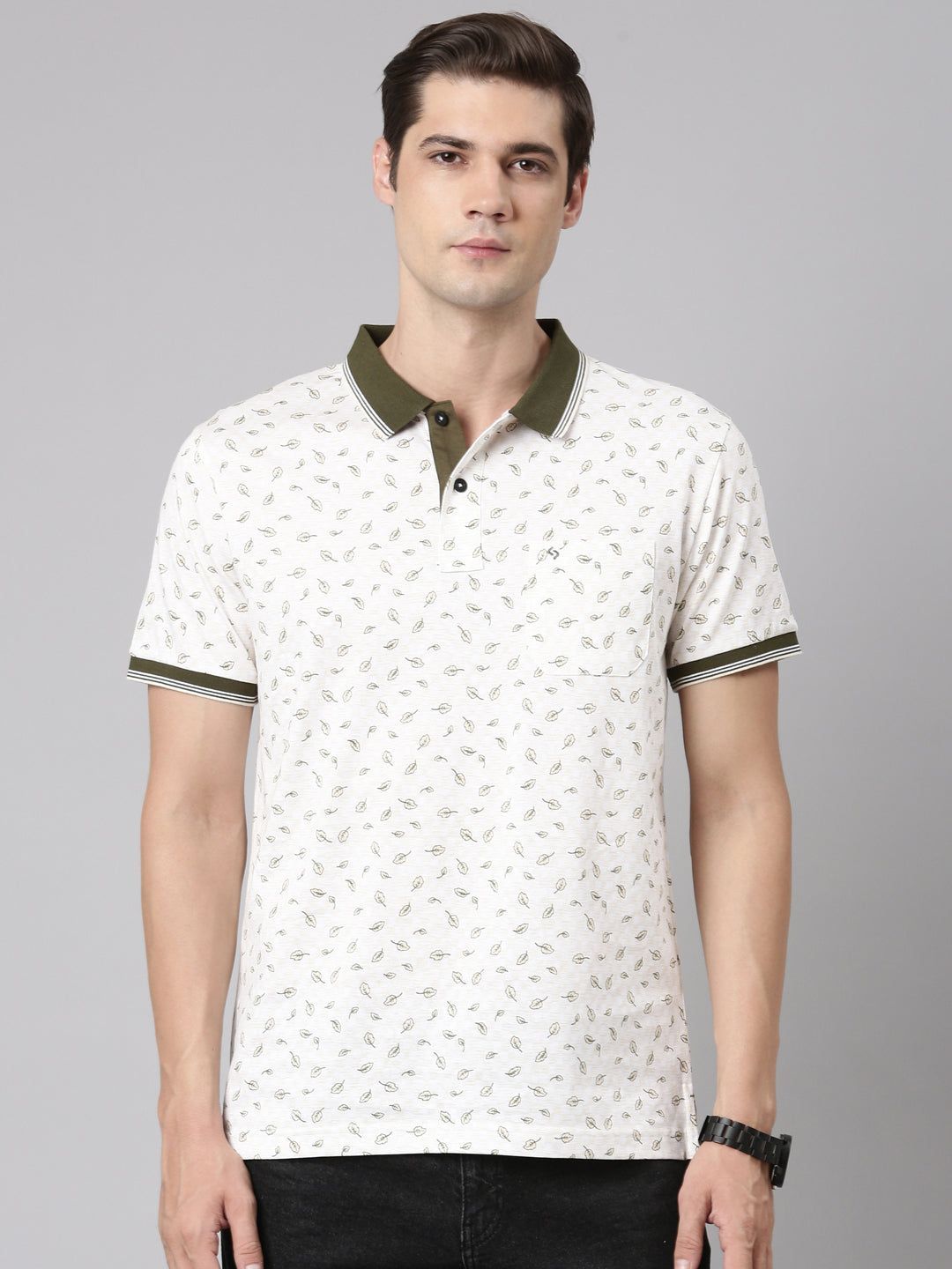 Classic Polo Men's Polo Neck Cotton White/Olive Slim Fit Printed T-Shirt | BELLO-285 B SF P