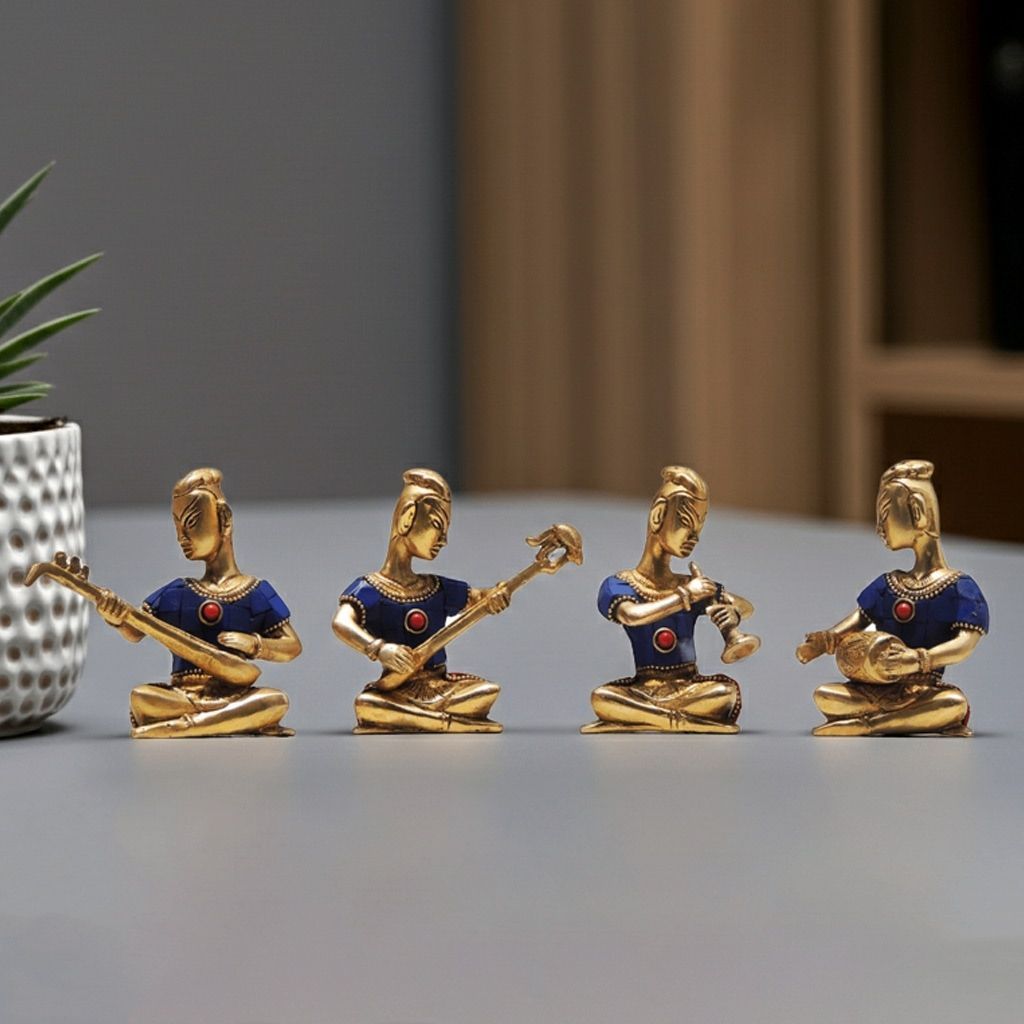 Brass Showpiece Musical Set Small Statue, Height : 4 Inch (BSMAS082)