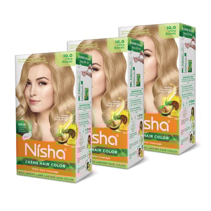 Nisha Creme Hair Color Ultra Blonde 150g Pack of 3, Permanent Hair Colour for Women & Men, Long Lasting Hair Color