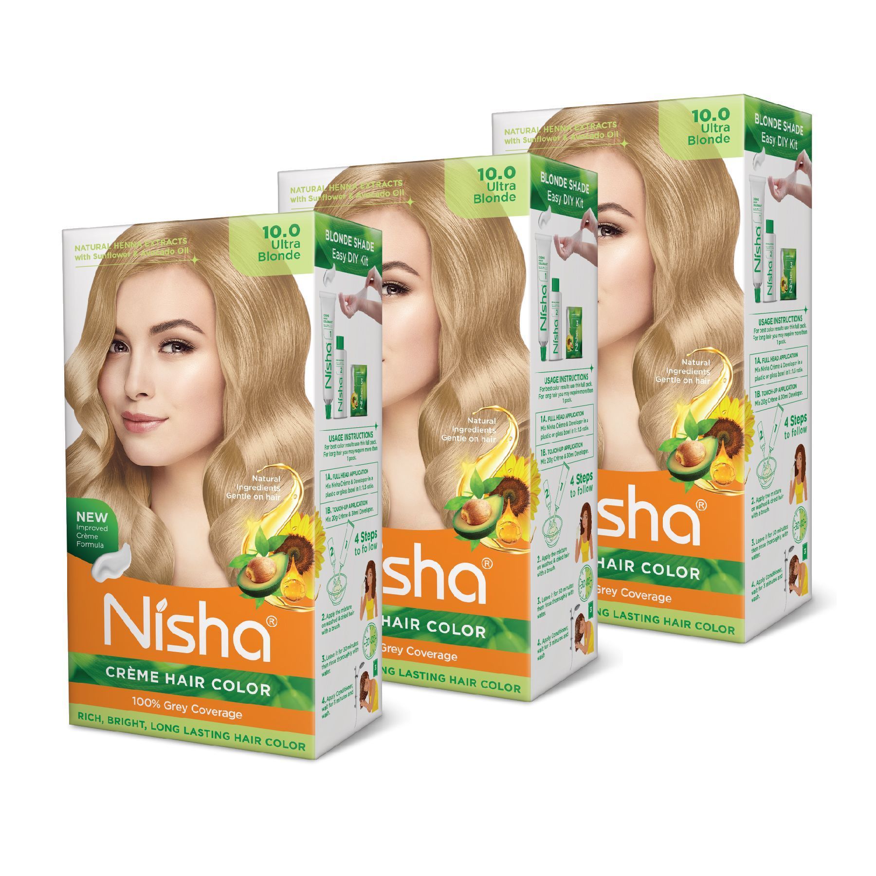 Nisha Creme Hair Color Ultra Blonde 150g Pack of 3, Permanent Hair Colour for Women & Men, Long Lasting Hair Color