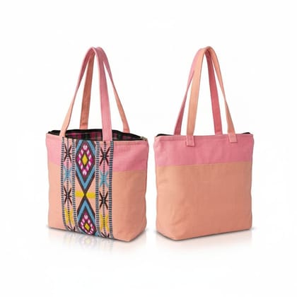 Handwoven Pink & Peach Geometric Tote Bag