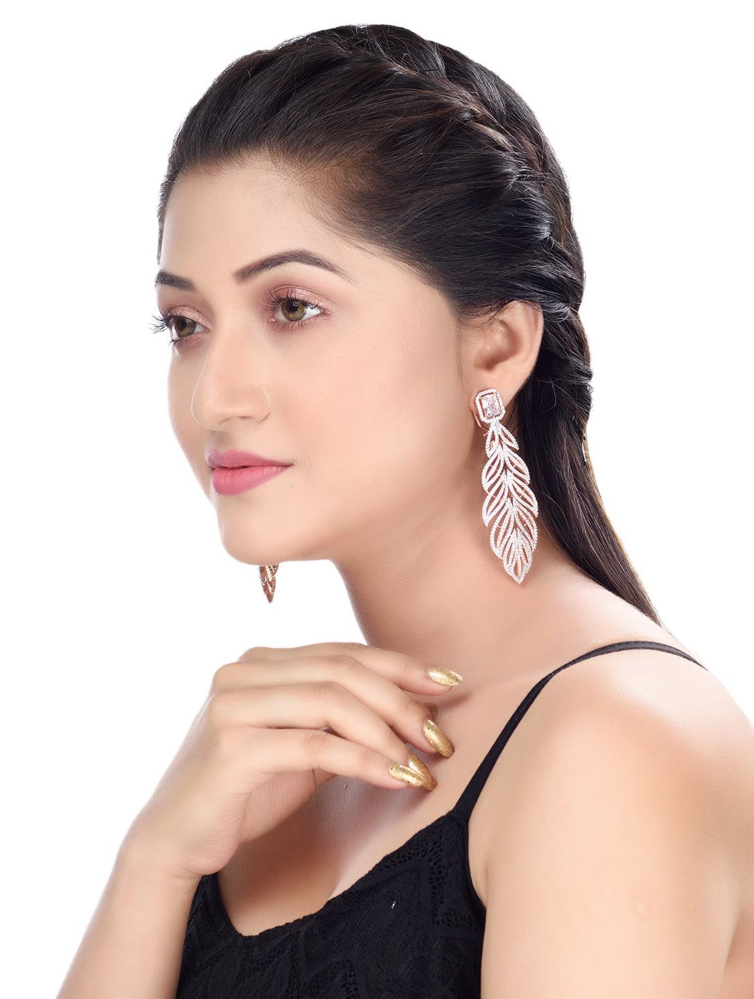 Rose Gold plated Leaf Design AD studded Earrings