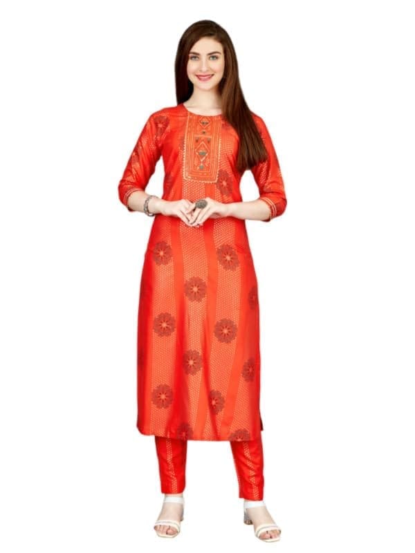 Women's Casual 3-4 th Sleeve Embroidery Rayon Kurti Pant Set (Orange, M)-PID50255