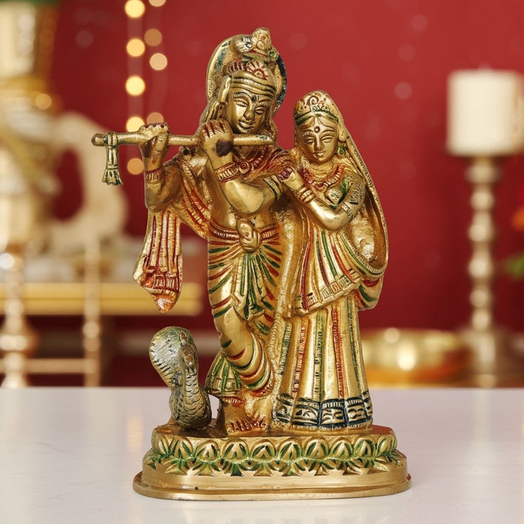 Brass Radha Krishna Same Base Idol - Religious Brass Statue, Height : 6 Inch (BSMAS399 G)