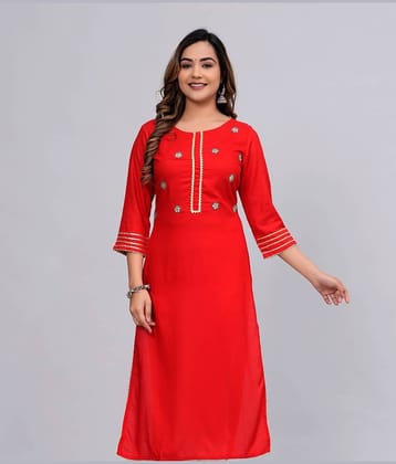 MAUKA Rayon Embroidered Straight Women's Kurti - Red ( Pack of 1 )