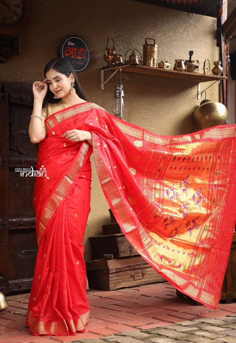 Utsaav ~ Traditional Handloom Pure Silk Paithani exclusively woven in Hot Red with Golden Zari, Traditional Pallu with beautiful Buttis