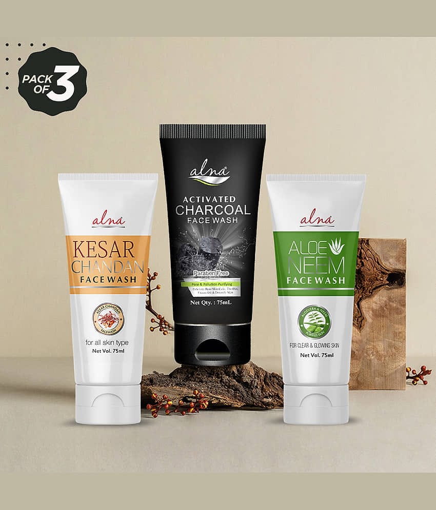 Alna Kesar Chandan Face Wash with Charcoal Face Wash & Neem Face Wash 75ml Each , Pack of 3