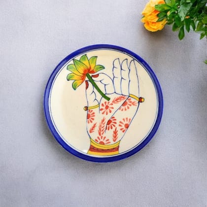 Blue Pottery Hand & Floral Pattern Decorative PlateIvory and Blue6