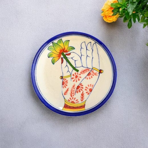 Blue Pottery Hand & Floral Pattern Decorative PlateIvory and Blue6