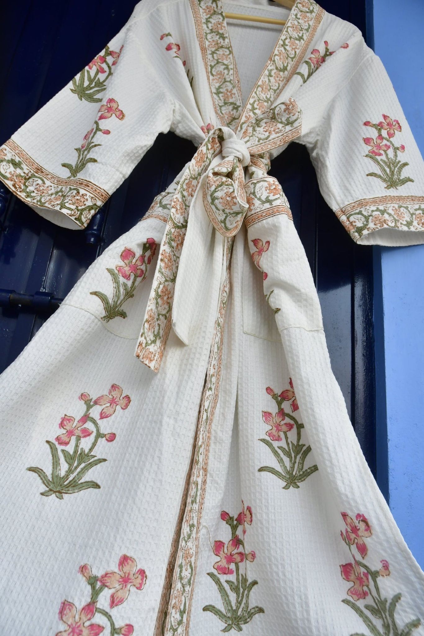 Peachy Pink Floral Waffle Cotton HandBlock Bathrobe