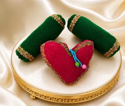 PATITAPABAN Cotton Cushion Pack of 3 Solid Handmade Decorative | 2 Bolsters & 1 Heart Velvet Pillow (Green, Gold, Pink)