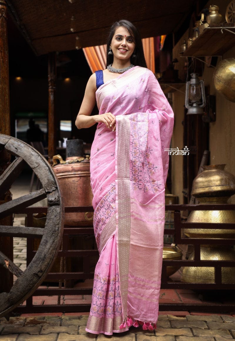 Utsaav ~ Pure Handmade Linen in Fresh Pastel Pink with Embroidery