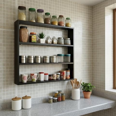 Wall-Mounted Wooden Kitchen Organizer Rack Shelf Multipurpose Utensil Stand & Storage Shelf for Wall, Rusti
