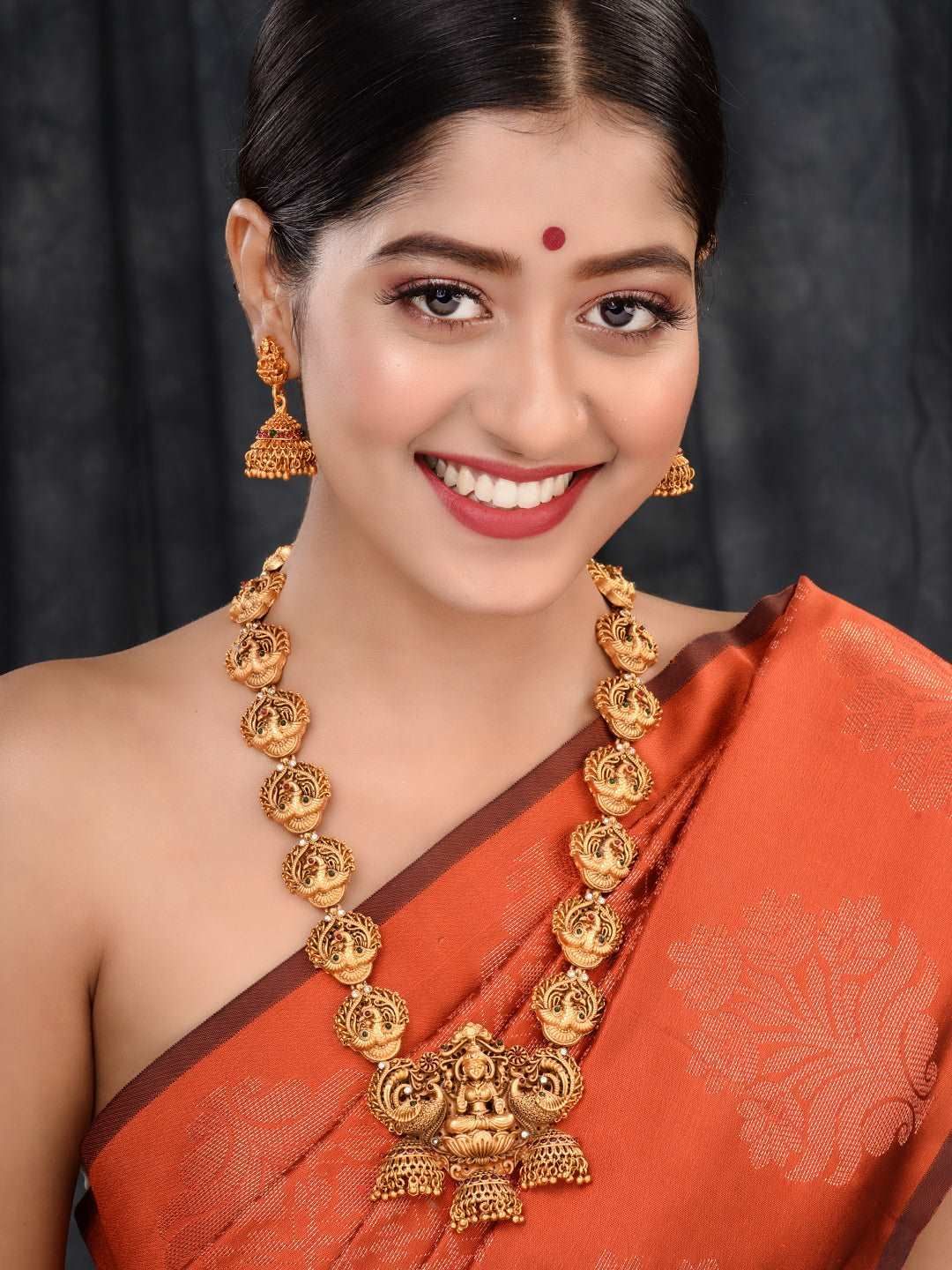 Gold Plated Exquisite Lakshmi Design Haram Temple Jewellery Set Jhumki Earrings