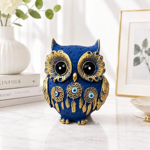 Owl Showpiece, Resin, Gold Detailing, Royal Blue – Home & Office Décor