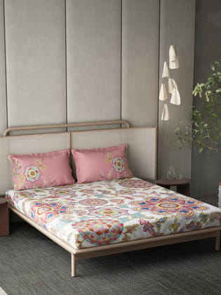 DDecor 100% Combed Cotton Super King Bedsheet with 2 Pillow Covers | Ethnic 136TC | Soft & Comfortable | Perfect for Everyday Bedroom Use | Floral Tales Collection | 274 CM X 274 CM
