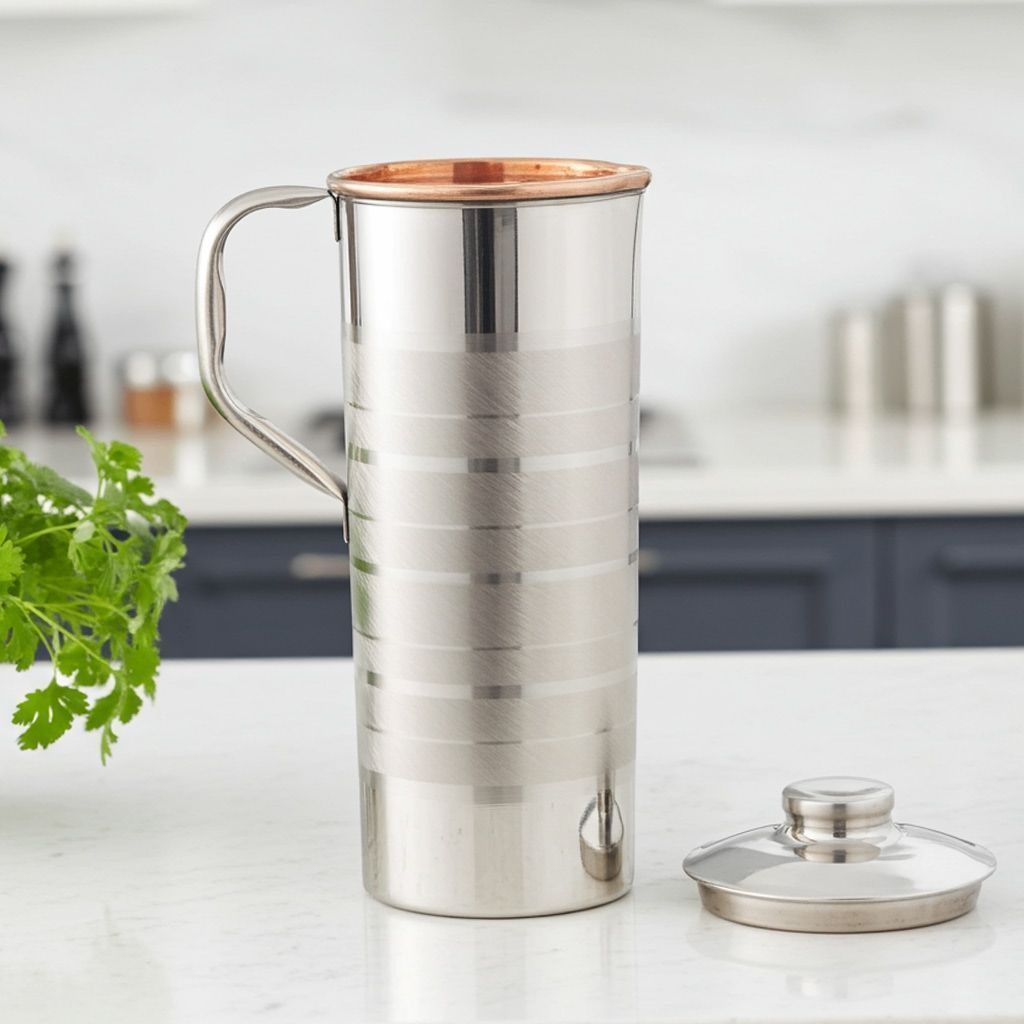 Copper & Steel Water Jug – 900 ml | Compact Dining Table Pitcher, Height : 9.5 Inch (BCMAS102 D)
