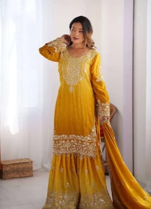 Womens Chinon Silk Sequence With Rivet Moti Work Straight Kurta With Sharara and Dupatta Set Womens Chinon Silk Sequence With Rivet Moti Work Straight Kurta With Sharara and Dupatta Set