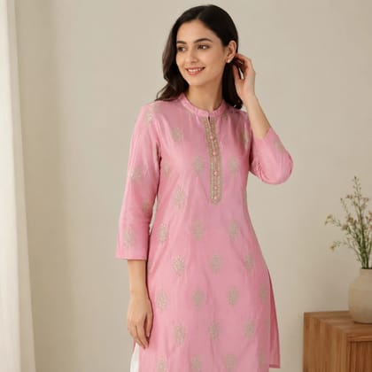 Womens Pink  Gold Foil Print Straight Kurta