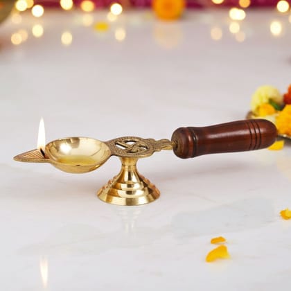 Brass Table Decor Oil Lamp Deepak With Wooden Handle  - Antique Finish Deepak for Home, Height : 1 Inch (FMAS363 A)