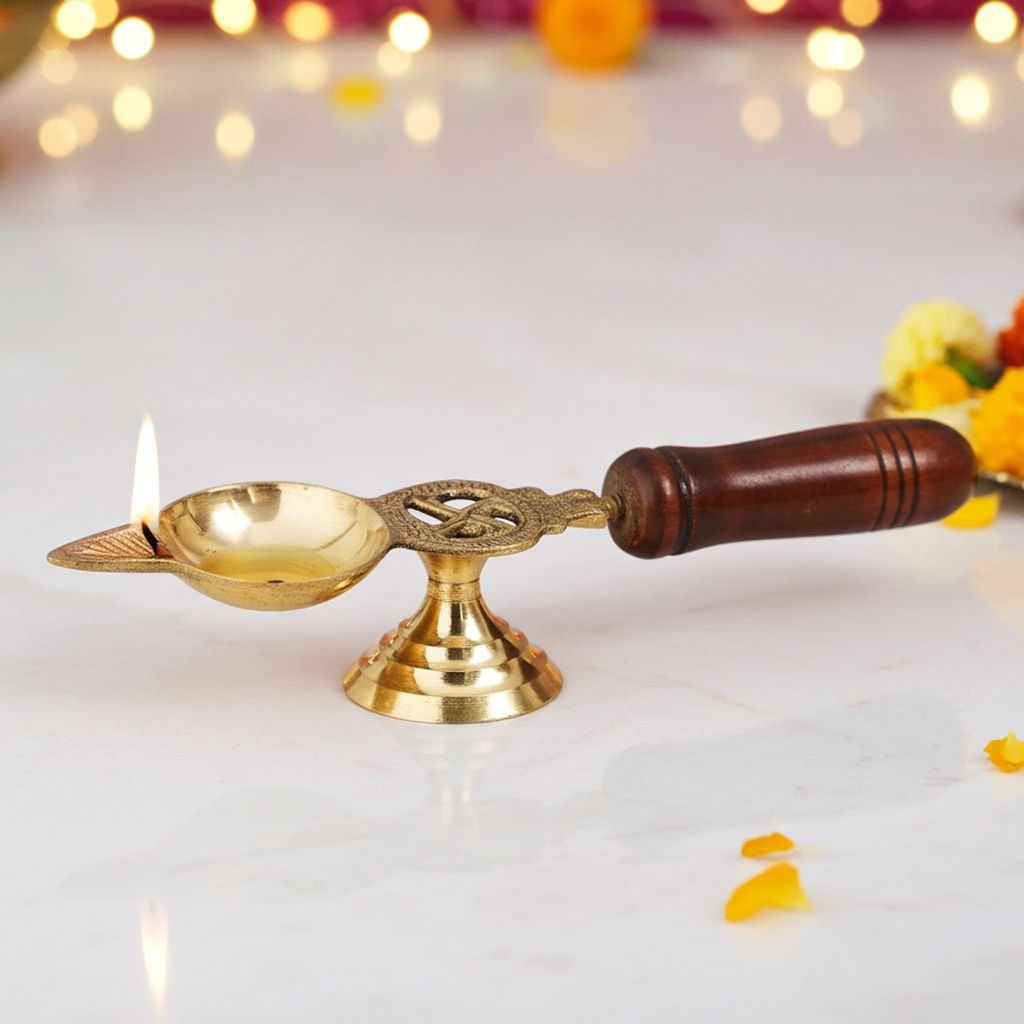 Brass Table Decor Oil Lamp Deepak With Wooden Handle  - Antique Finish Deepak for Home, Height : 1 Inch (FMAS363 A)