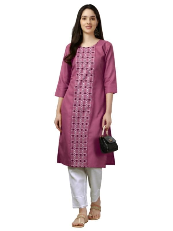 Women's Casual 3-4 th Sleeve Embroidery Cotton Kurti (Purple, XL)-PID50288