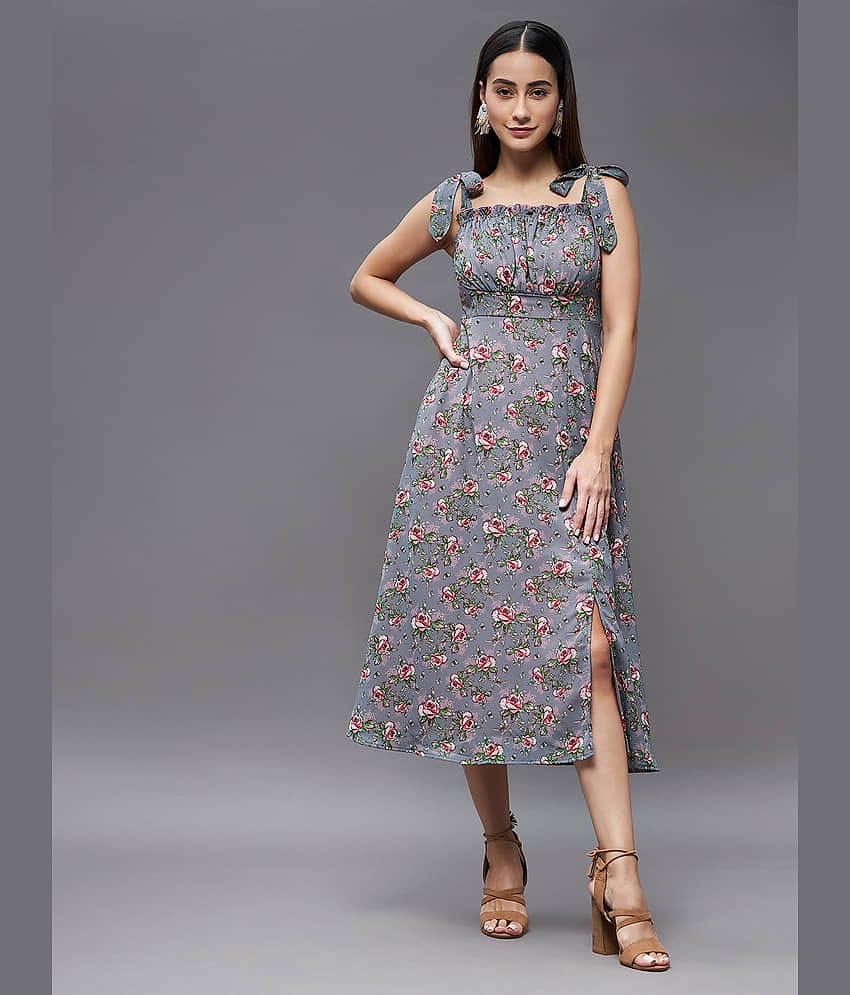 Miss Chase Women Georgette Printed Cut Out Dress ( Grey )