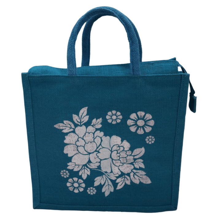 Teal Floral Jute Bag - Eco-Friendly Tote with Zipper Closure