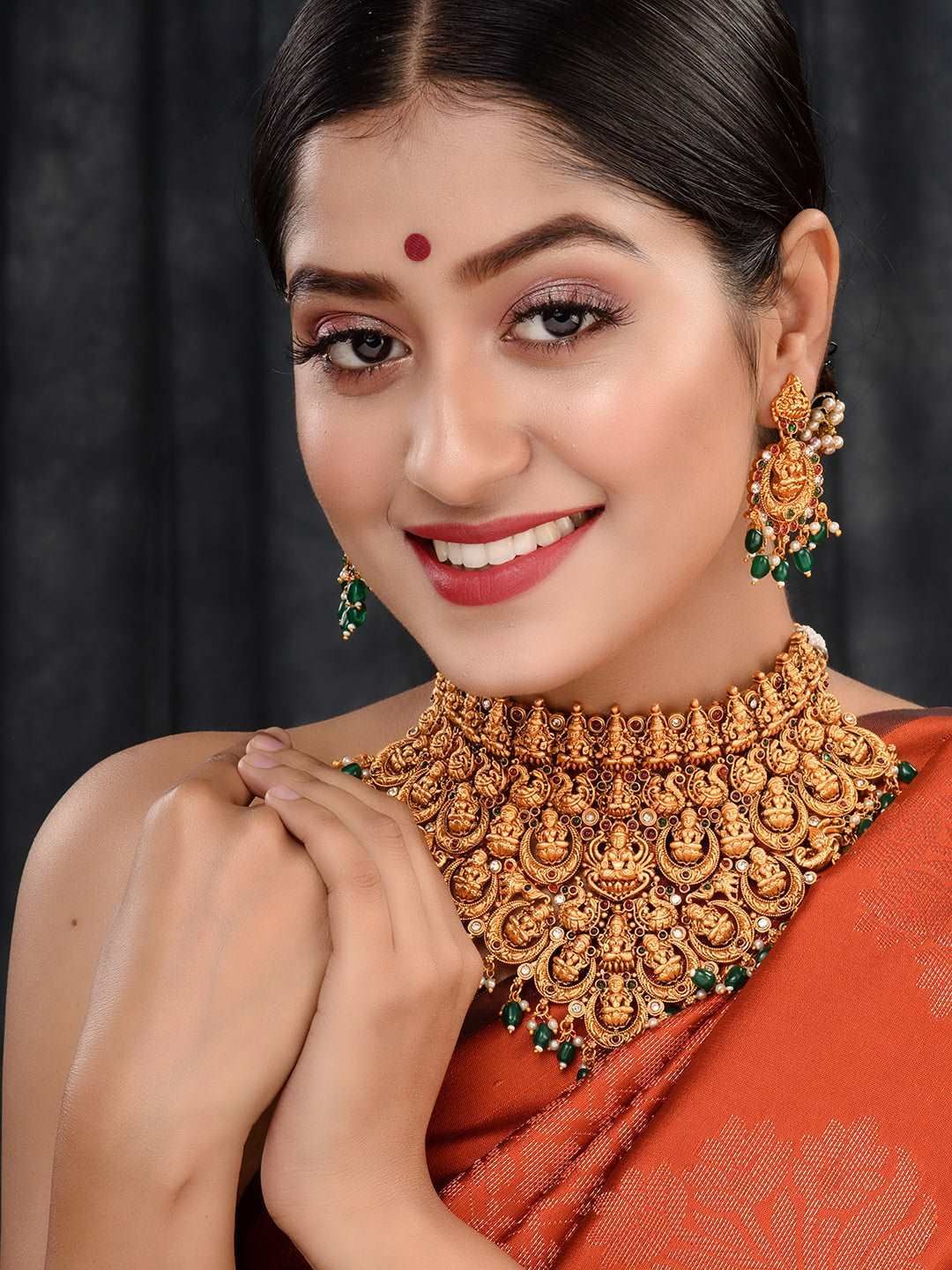 Gold Plated Intricate Temple Design Dangling Green Beads Choker Jewellery Set