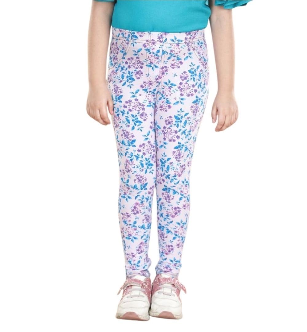 Girl's Cotton Blended Floral Elasticated Jeggings (White-Turquoise Blue, 3-4-Yrs)-PID66071